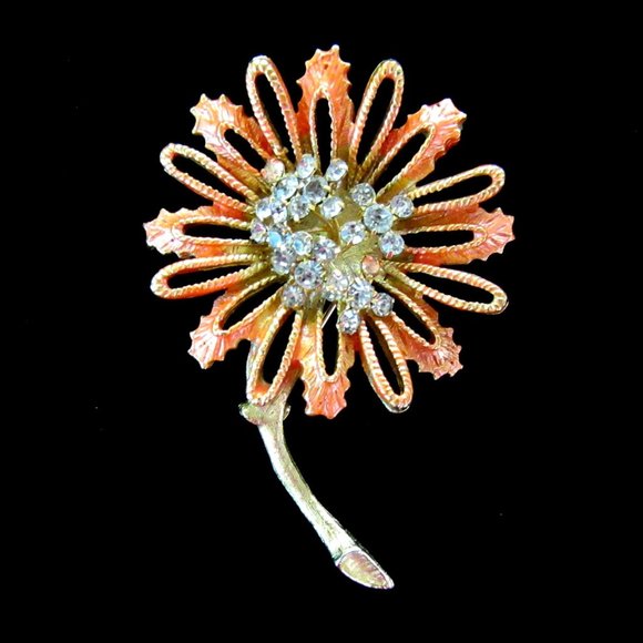 FLORENZA gold tone & rhinestone trembler coral orange sunflower brooch -Spring - Picture 4 of 8